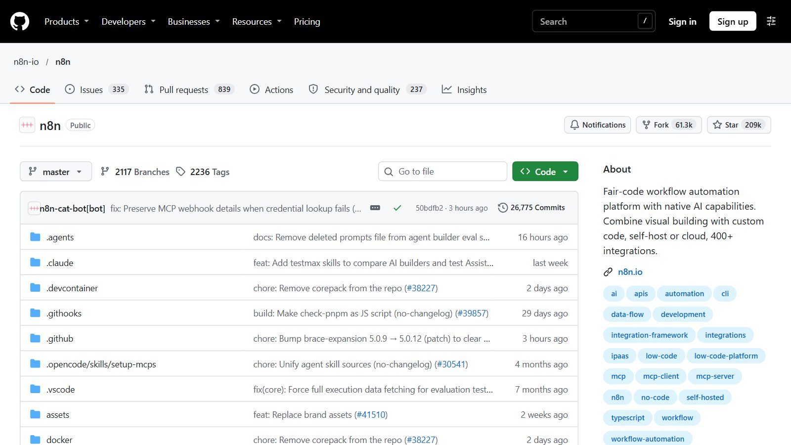 صفحة مشروع n8n على GitHub