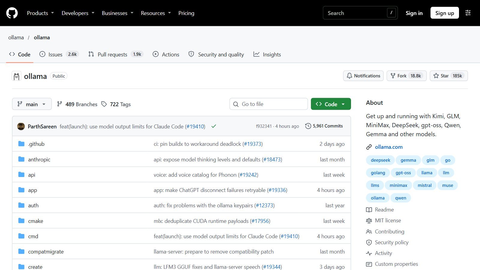 صفحة مشروع Ollama على GitHub